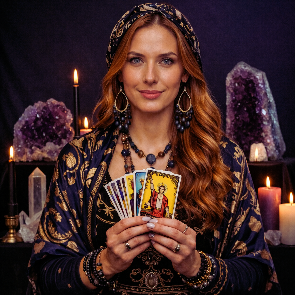 Elira Véspera with tarot cards